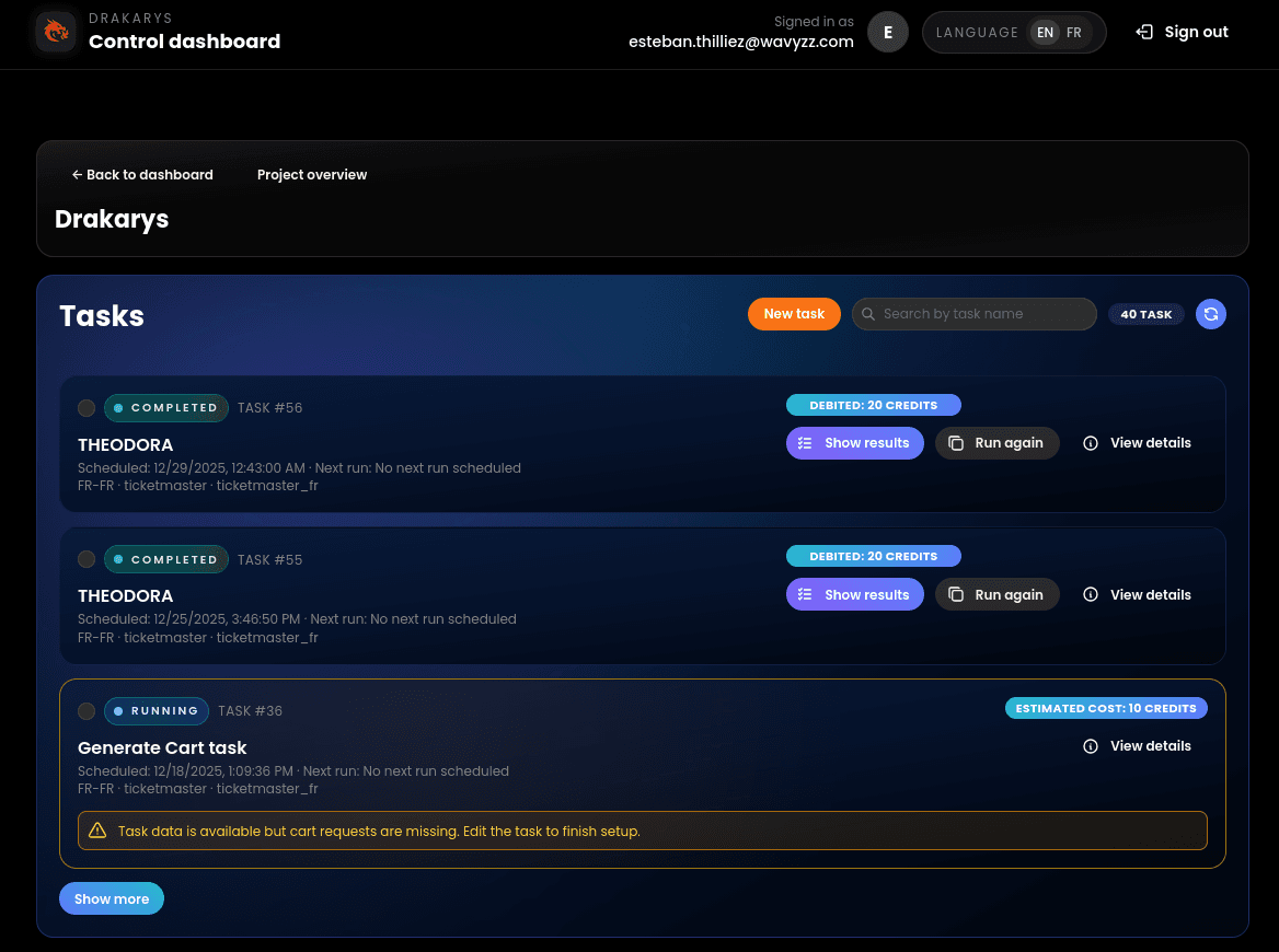 Drakarys control dashboard screenshot
