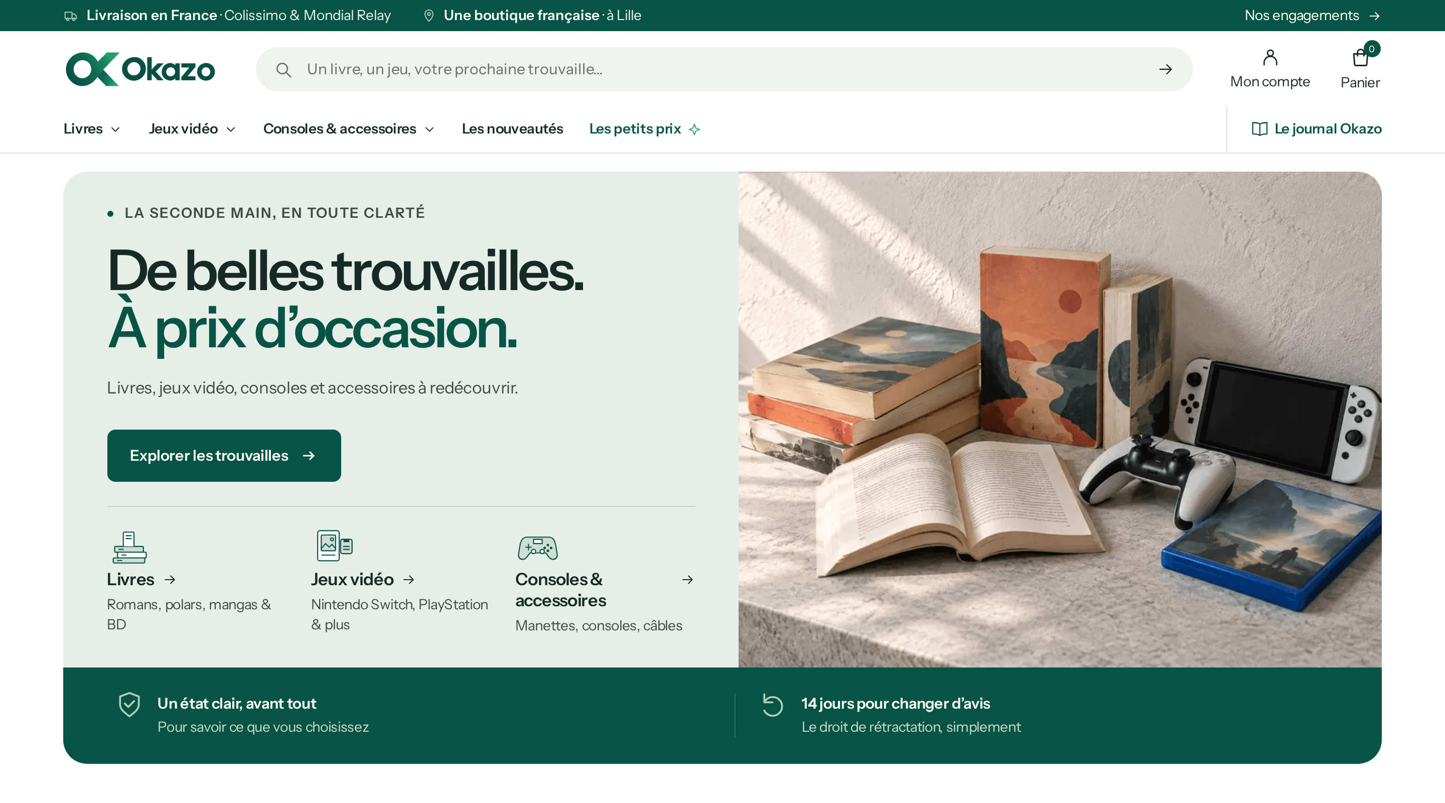 Preview of the redesigned Okazo storefront, with its books, video games and consoles homepage.