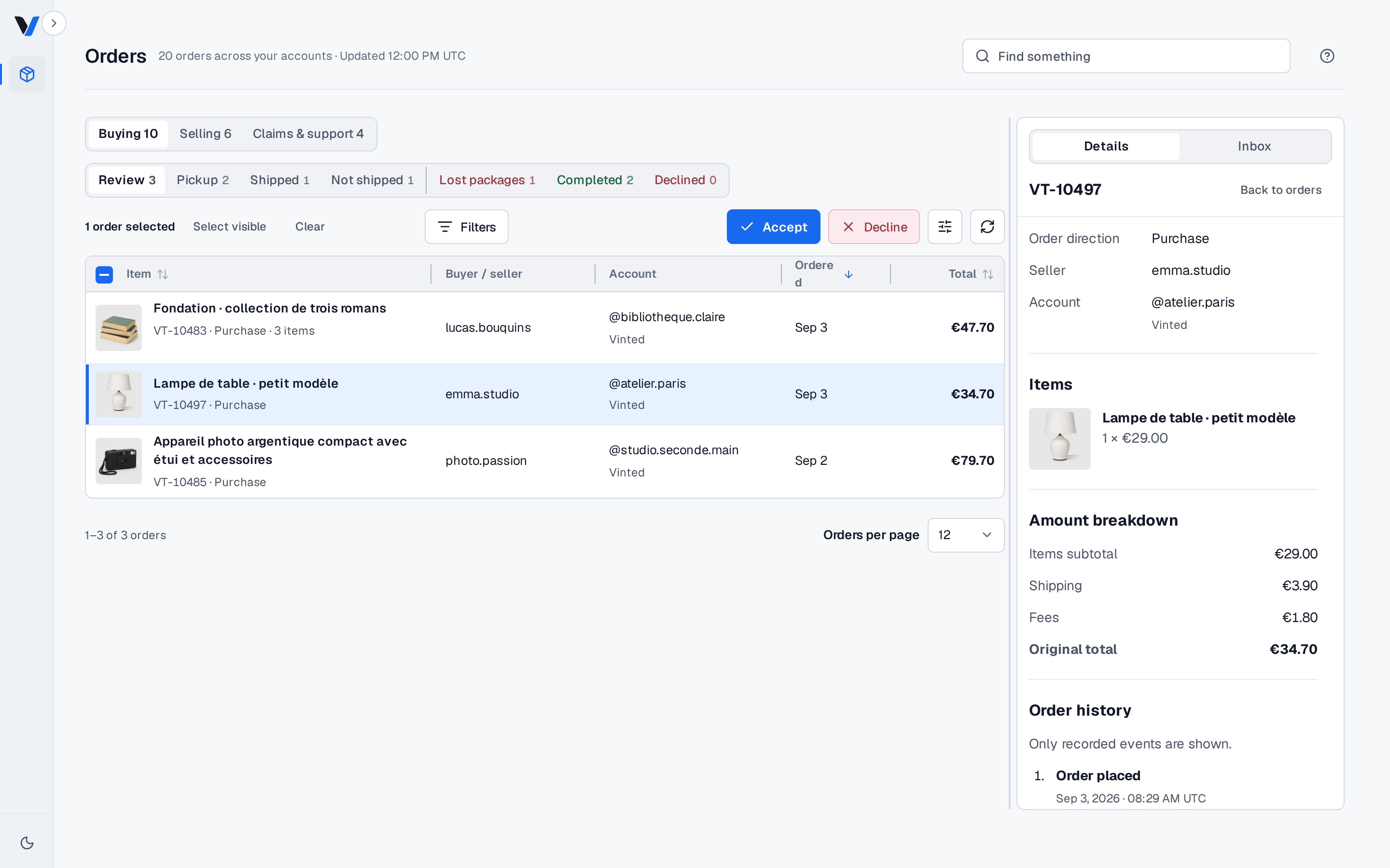 Vinds order workspace showing a list of demonstration orders and the details of a selected order.